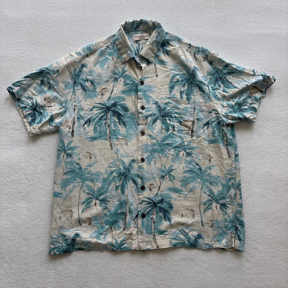 Caribbean Men XL Hawaiian‎ Shirt Camp Aloha Blue Palm Trees Short Sleeve